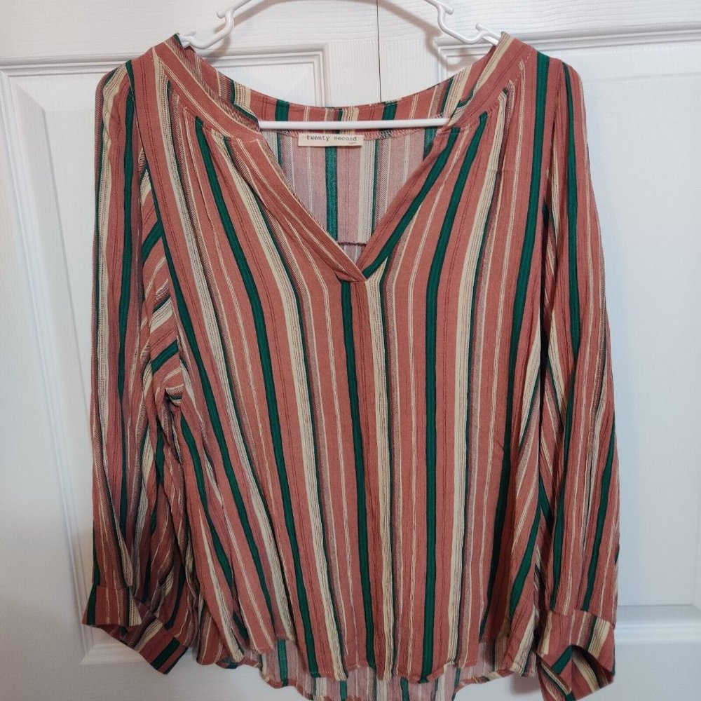 Twenty Second Women's Small Pink Striped Blouse 3/4 Sleeve V Neck Green Ivory